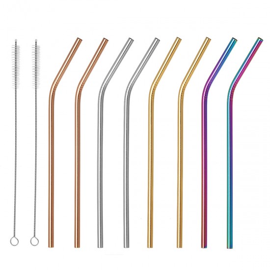 10Pcs Reusable Stainless Steel Straws Multi Colored Metal Straw with Cleaning Brushes