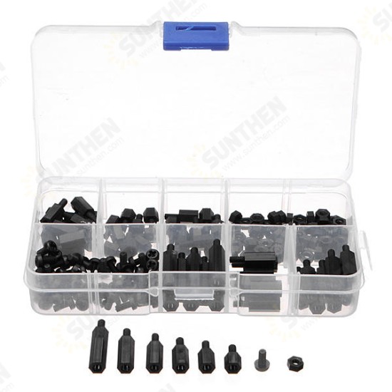 180pcs M3 Nylon Black M-F Hex Spacers Screw Nut Assortment Kit