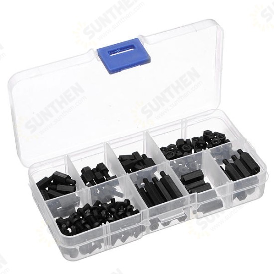 180pcs M3 Nylon Black M-F Hex Spacers Screw Nut Assortment Kit