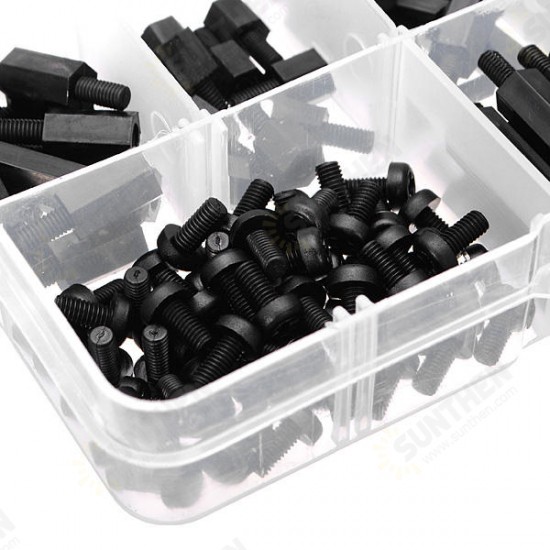 180pcs M3 Nylon Black M-F Hex Spacers Screw Nut Assortment Kit