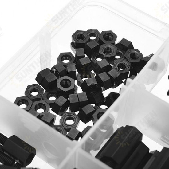 180pcs M3 Nylon Black M-F Hex Spacers Screw Nut Assortment Kit