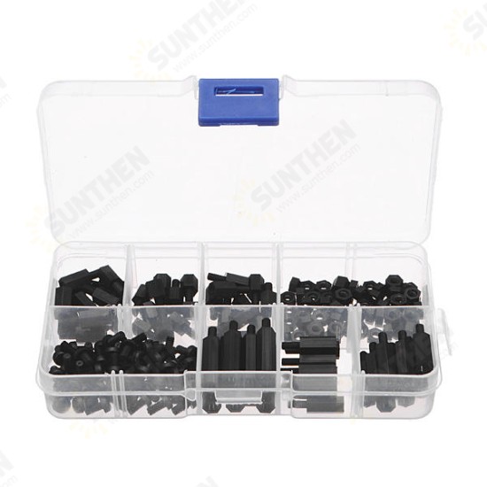 180pcs M3 Nylon Black M-F Hex Spacers Screw Nut Assortment Kit