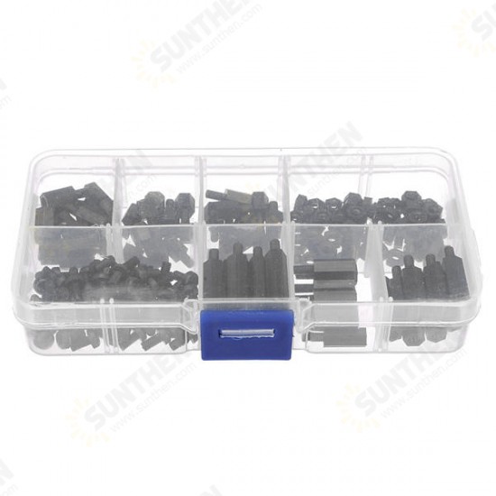 180pcs M3 Nylon Black M-F Hex Spacers Screw Nut Assortment Kit