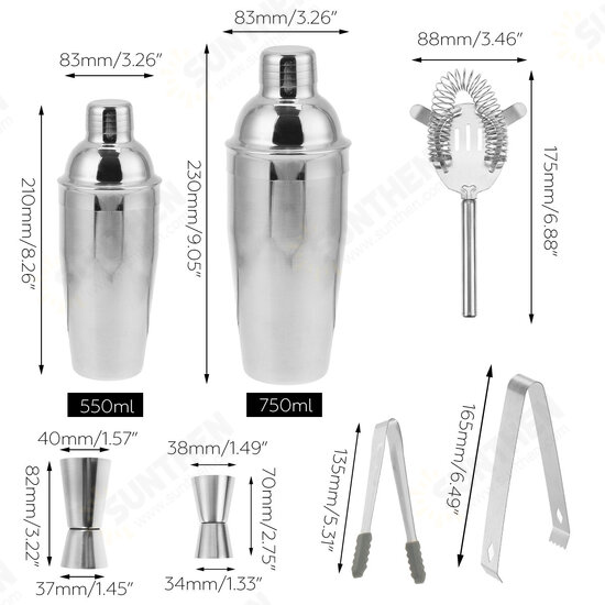 22Pcs Cocktail Shakers Stainless Steel Barware Bar Bartender Tool 550/750ml