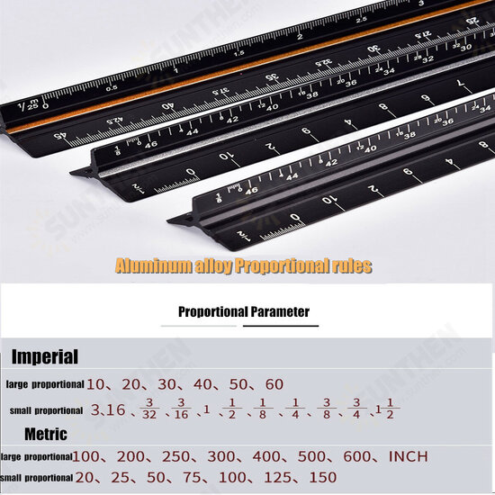 Aluminum Alloy Three Edged Ruler Laser Engraving Drawing Ruler Architectural Design Decoration Inch Centimeter Scale