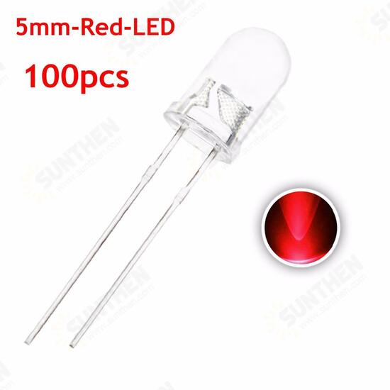 100pcs 5mm F5 DIY Red Transparent Round 20mA 2V LED Diode Emitting Lamp Through Hole