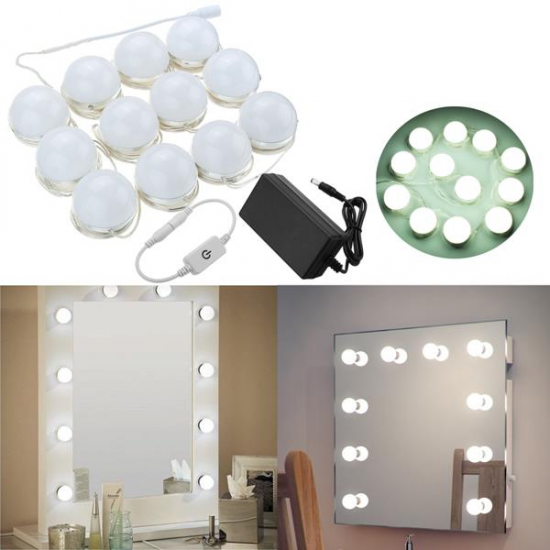 Hollywood Style 12Bulbs White LED Vanity Mirror Lights Kit + US Adapter +Dimmer DC12V