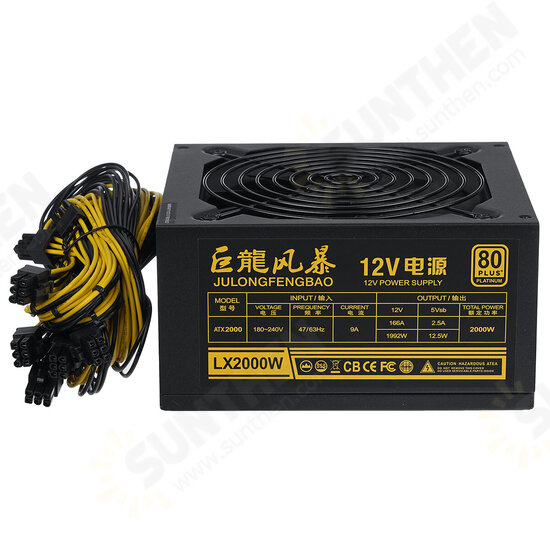 2000W 2400W 2600W ATX ETH Mining Power Supply Bitcoin 160V-240V 95% Efficiency Supports 8 Card Platform 10 6P Ports 4U Single