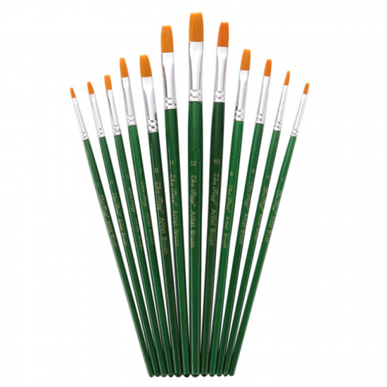 12Pcs Painting Brush Nylon Hair Green Wood Penholder Oil Painting Hook Line Pen for Acrylic Painting Supplies