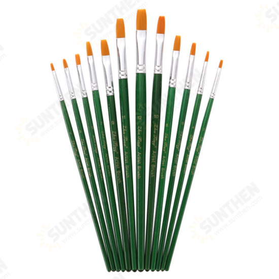 12Pcs Painting Brush Nylon Hair Green Wood Penholder Oil Painting Hook Line Pen for Acrylic Painting Supplies