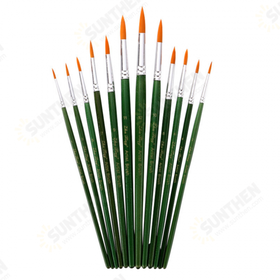 12Pcs Painting Brush Nylon Hair Green Wood Penholder Oil Painting Hook Line Pen for Acrylic Painting Supplies