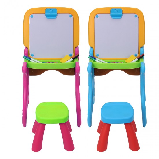 2 in 1 Folding Drawing Board Table Set with a Kid-Sized Stool Plastic Magnetic Writing White Board Ideal for Children Bedroom Play Area
