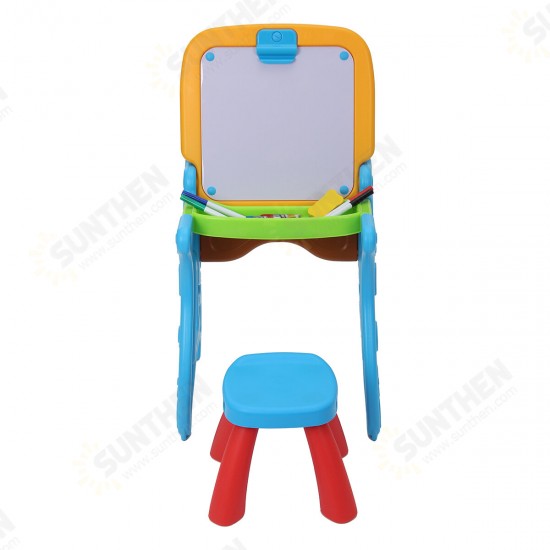 2 in 1 Folding Drawing Board Table Set with a Kid-Sized Stool Plastic Magnetic Writing White Board Ideal for Children Bedroom Play Area