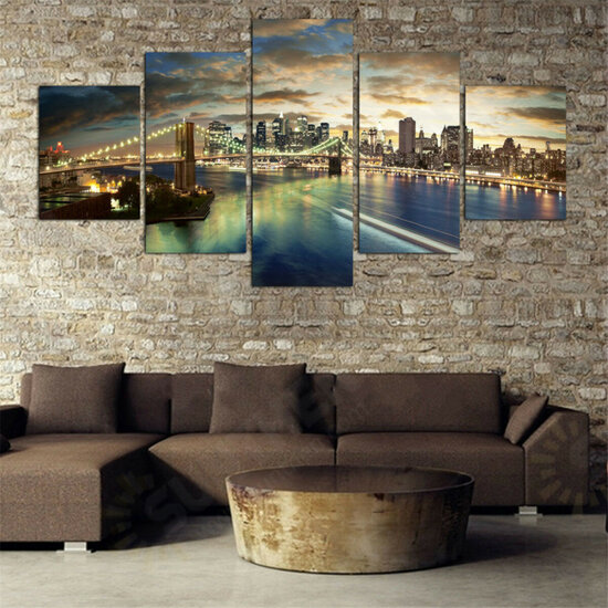 5 Pcs Wall Decorative Painting New York City at Night Wall Decor Art Pictures Canvas Prints Home Office Hotel Decorations