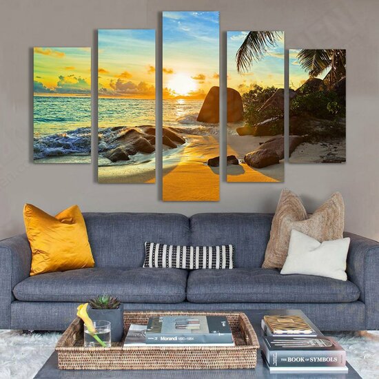 5Pcs Sea Coastal Canvas Print Paintings Wall Decorative Print Art Pictures Frameless Wall Hanging Decorations for Home Office Restaurant