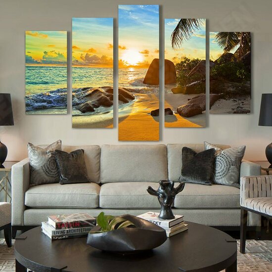 5Pcs Sea Coastal Canvas Print Paintings Wall Decorative Print Art Pictures Frameless Wall Hanging Decorations for Home Office Restaurant