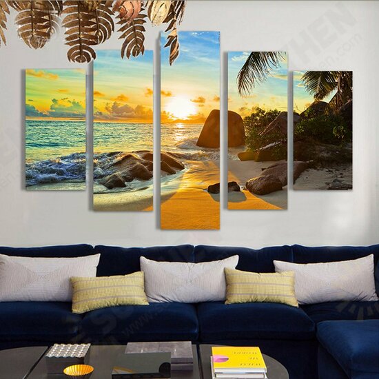 5Pcs Sea Coastal Canvas Print Paintings Wall Decorative Print Art Pictures Frameless Wall Hanging Decorations for Home Office Restaurant