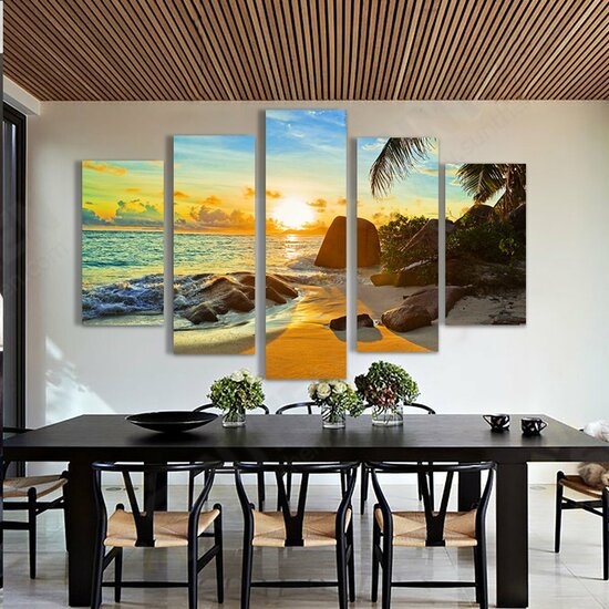 5Pcs Sea Coastal Canvas Print Paintings Wall Decorative Print Art Pictures Frameless Wall Hanging Decorations for Home Office Restaurant