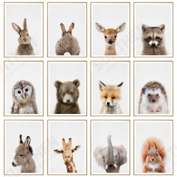 Nursery Wall Art Paintings Woodland Animal Rabbit Giraffe Bear Canvas Painting Wall Pictures Decoration for Kids Bedroom Decoration No Frame 30*40cm