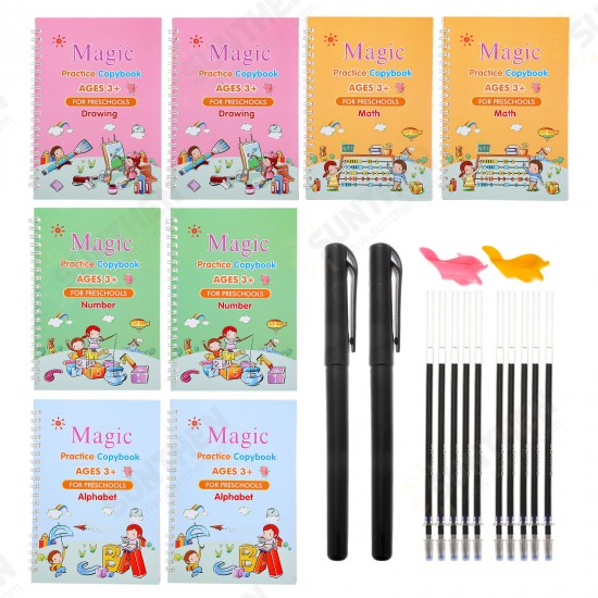 8pcs Magic Practice Copybook for Kids Chanarily English Magic Calligraphy Reusable Handwriting Copybook Writing Practice Book with Magic Pens