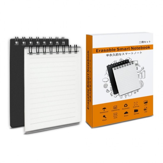 Erasable Notebook A7 Smart Paper APP Cloud Backup Portable Diary Office School Black +White Cover 2PCS