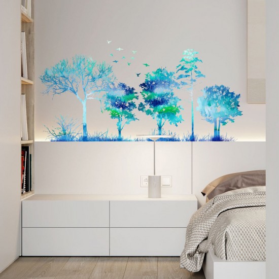 ZW106 Creative Wall Stickers Folding Version Of The New Hand-Painted Blue Gradient Forest Plants Living Room Background Wall Decoration