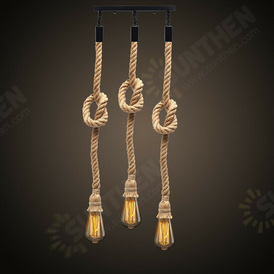 E27 Three Heads Industrial Pendant Lamp Holder Retro Vintage Edison Hemp Rope Ceiling Light AC110-220V