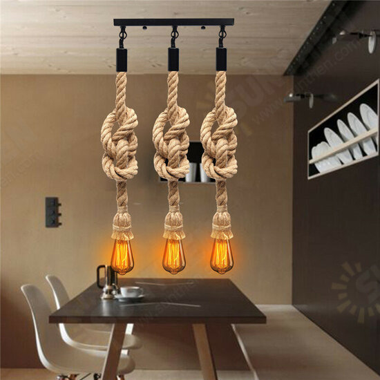 E27 Three Heads Industrial Pendant Lamp Holder Retro Vintage Edison Hemp Rope Ceiling Light AC110-220V