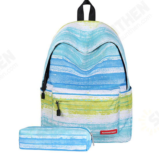 2Pcs/Set Fashion Starry Sky Striped Canvas School Backpack Schoolbag+Matching Pencil Bag Gift for Girls Womens