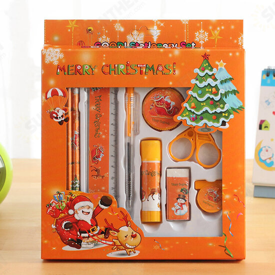 817 9 Pcs Christmas Stationery Set Santa Pencils Ruler Eraser Solid Glue Pencil Sharpener Scissors School Students Supplies Christmas Gift Box