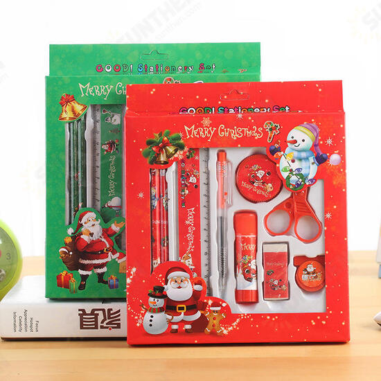 817 9 Pcs Christmas Stationery Set Santa Pencils Ruler Eraser Solid Glue Pencil Sharpener Scissors School Students Supplies Christmas Gift Box