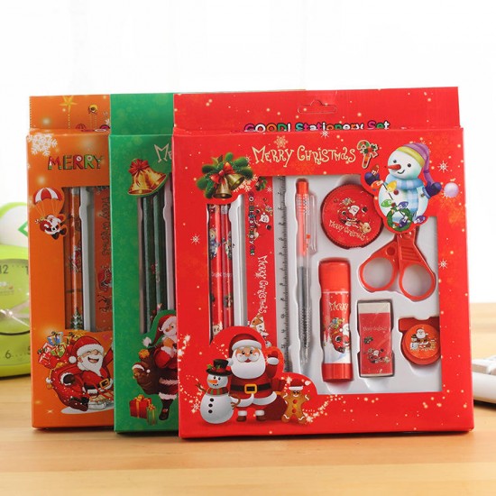 817 9 Pcs Christmas Stationery Set Santa Pencils Ruler Eraser Solid Glue Pencil Sharpener Scissors School Students Supplies Christmas Gift Box