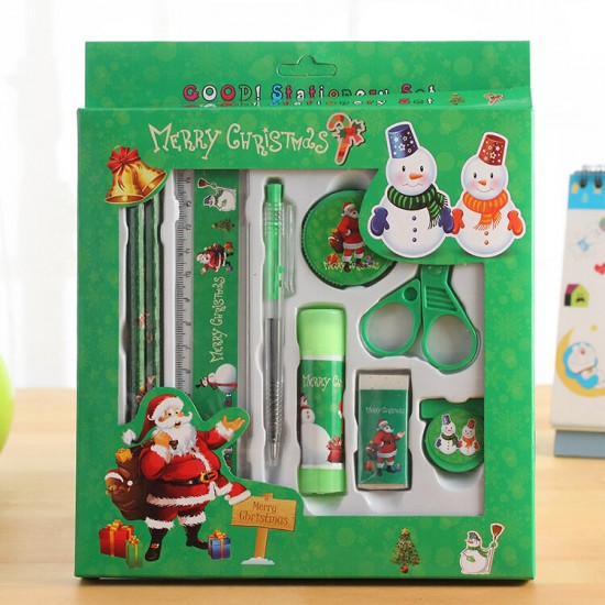 817 9 Pcs Christmas Stationery Set Santa Pencils Ruler Eraser Solid Glue Pencil Sharpener Scissors School Students Supplies Christmas Gift Box
