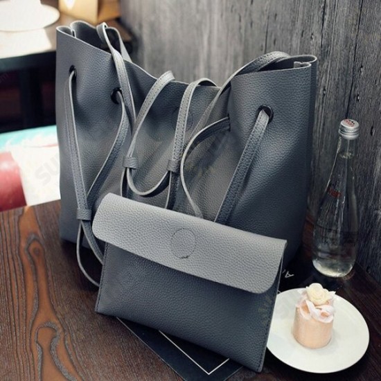 2Pcs/ Set Women Large Capacity Handbag PU Leather Shoulder Bag Crossbody Bag