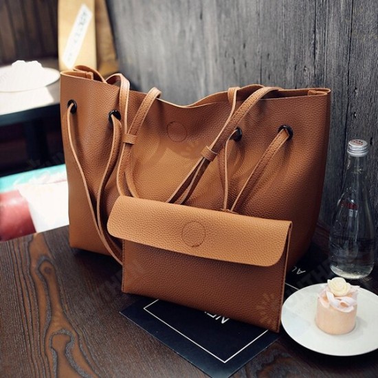 2Pcs/ Set Women Large Capacity Handbag PU Leather Shoulder Bag Crossbody Bag