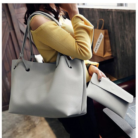 2Pcs/ Set Women Large Capacity Handbag PU Leather Shoulder Bag Crossbody Bag