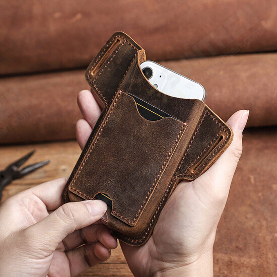 Casual Phone Bag with Card Slot Cowhide Leather Men Belt Waist Bag Sidebag Pack for iPhone 12 Series For Note 11P case 11 case BISON Global Bands case S96 Pro case