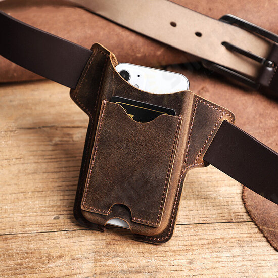 Casual Phone Bag with Card Slot Cowhide Leather Men Belt Waist Bag Sidebag Pack for iPhone 12 Series For Note 11P case 11 case BISON Global Bands case S96 Pro case