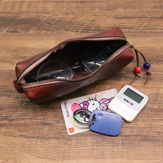 Handmade Large Capacity First-Layer Genuine Leather Pen Glasses Card Storage Bag Organizer