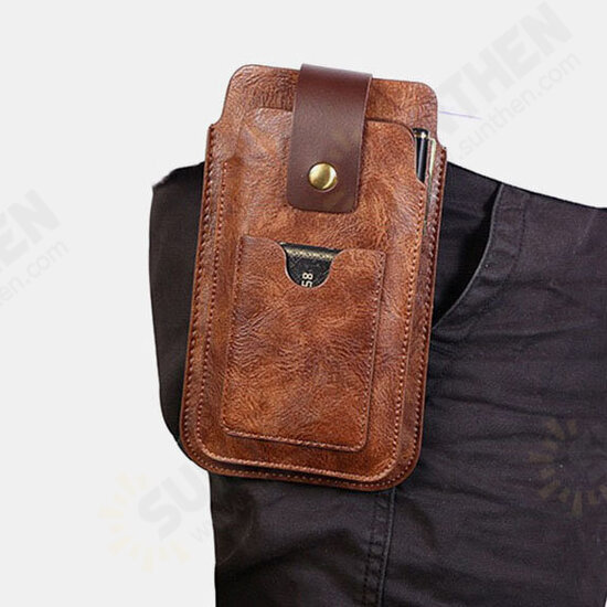 Men Retro PU Leather with Card Slot Holder 2-Layer Mobile Phone Storage Bag Waist Belt Pack