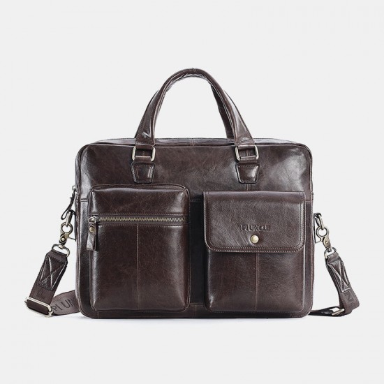 15.6 inch Multifunction Multi-Pocket Genuine Leather Macbook Storage Bag Men Briefcases Shoulder Crossbody Bag