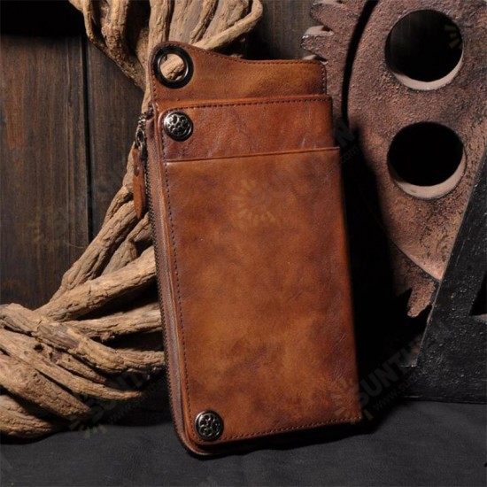 Retro Genuine Leather Multi-Card Slots Mobile Phone Bag Men Long Wallet for Phones below 6.5 inch