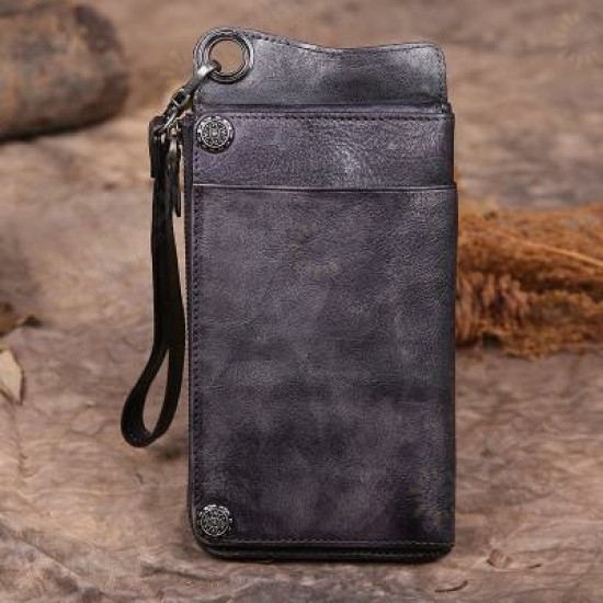 Retro Genuine Leather Multi-Card Slots Mobile Phone Bag Men Long Wallet for Phones below 6.5 inch