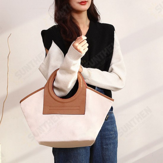 Women Fashion PU Leather Handle Large Capacity Storage Canvas Shell Bag Tote