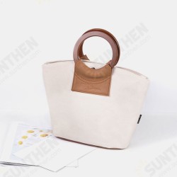 Women Fashion Wooden Round Handle Large Capacity Storage Canvas Shell Bag Tote