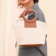 Women Fashion Wooden Round Handle Large Capacity Storage Canvas Shell Bag Tote