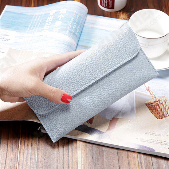 Women Litchi Pattern Solid Color Card Slot Wallet Bag Purse Handbag For Smartphone iPhone Samsung