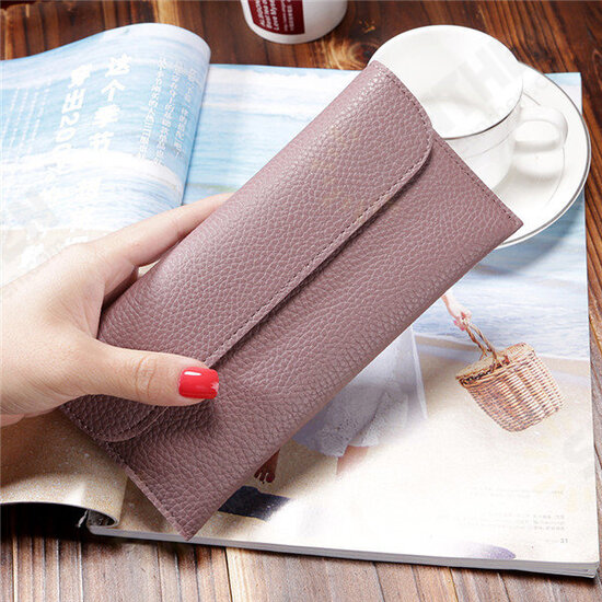 Women Litchi Pattern Solid Color Card Slot Wallet Bag Purse Handbag For Smartphone iPhone Samsung