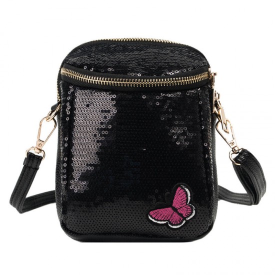 Women Personality Sequin Embroidered Butterfly Mobile Phone Storage Shoulder Crossbody Bag