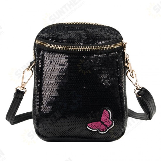 Women Personality Sequin Embroidered Butterfly Mobile Phone Storage Shoulder Crossbody Bag